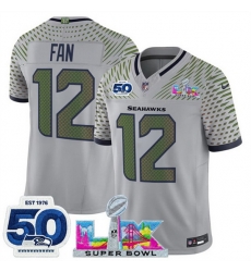 Youth Seattle Seahawks 12 Fan Grey 2025 F U S E Super Bowl LX Patch And 50th Season Patch Rivalries Vapor Limited Stitched Football Jersey Youth Seattle Seahawks 12 Fan Grey 2025 F U S E Super Bowl LX Patch And 50th Season Patch Rivalries Vapor Limited Stitched Football Jersey